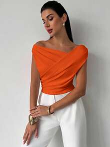Firerie Women's Elegant Minimalist Chic Fashion Sexy Daily Commute Music Festival Vacation Asymmetric Neck Draped Cropped White Top, Spring/Summer - Orange - View 6