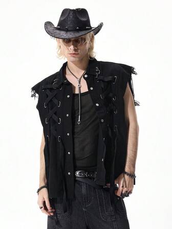 Goth Chaleco gótico de mezclilla con cordones para hombres
