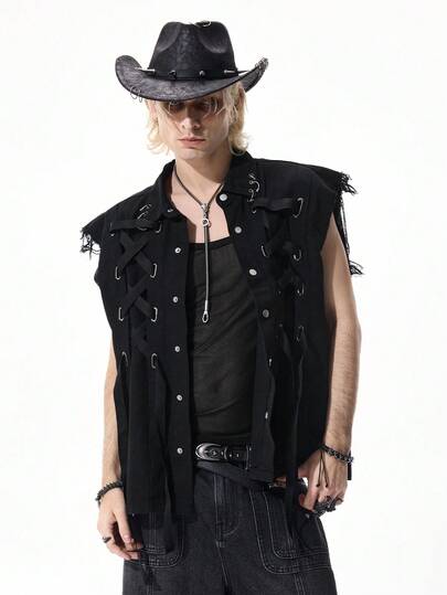 Gilet en denim gothique à lacets pour hommes