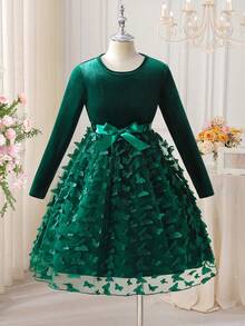 Glamorique Kids فستان بياقة دائرية أنيقة، أكمام طويلة من الأحمر المخملي، عقدة الفراشة 3D جميل، حافة من الشبك، مناسب للكريسماس وحفلات العطلات والاستخدام اليومي، موسم الخريف/الشتاء/الربيع - أخضر - مشاهدة 3