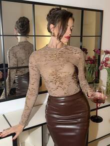 Lavishia Women's Flocked Long Sleeve Top, Elegant & Versatile For Party, Christmas, New Year Spring Outfit Women Valentine's Day Going Out Top Spring Outfit Women Elegant - Khaki - View 5