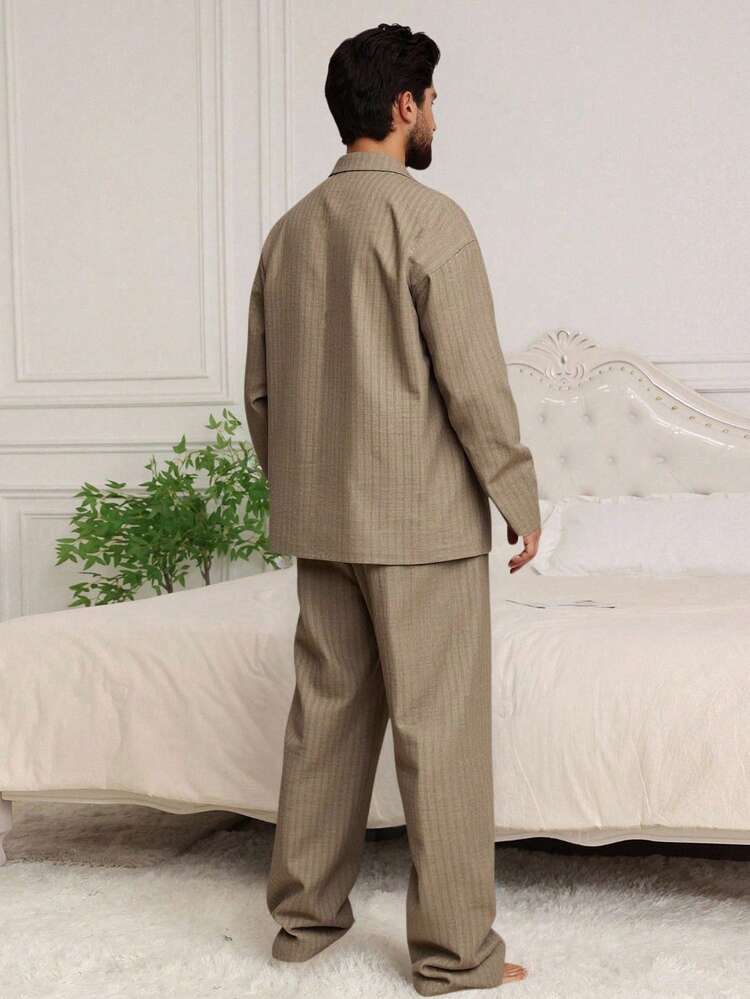 Khaki Printed Pattern Shirt + Casual Wear Suit For Men, Spring/Autumn