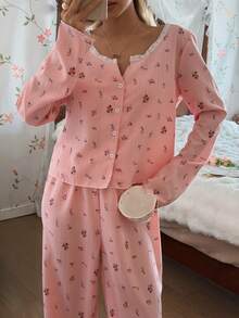 Dream Adore 浪漫碎花蕾丝边方领编织长袖长裤睡衣套装（女士款） - 珊瑚粉 - 查看 8