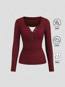 Sweetra Tall 女士蕾丝拼接长袖T恤，春夏款 - 酒紅色 - 查看 1