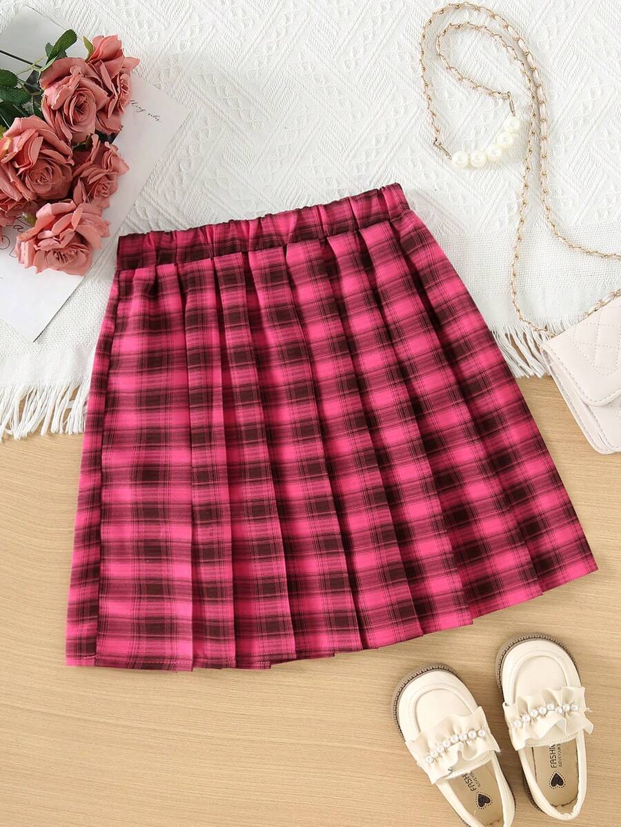 SHEIN ChillGRL Girls' Red Plaid A-Line Skirt, Versatile Casual Skirt, American Collegiate Style - Hot Pink - View 1
