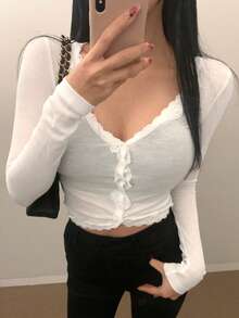 DAZY Women's Deep V-Neck Lace Patchwork Slim Fit Casual Slightly Sheer T-Shirt - White - View 5