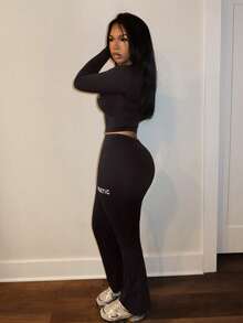 Slaydiva Casual Basic High Elasticity Slim Fit Long Sleeve Zipper Top & Pants Women's 2pcs Set, Autumn - Coffee Brown - View 3