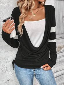 SHEIN LUNE Áo thun nữ phối màu, dáng suông, có dây rút bên hông, in họa tiết. - màu đen - Xem 3