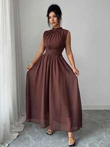 Elenzga Đầm maxi không tay bằng chiffon thanh lịch, thoải mái dành cho nữ, thắt eo, thích hợp cho công sở, kỳ nghỉ, tiệc trà chiều, tiệc tùng, màu trơn, phong cách lãng mạn Pháp Sicilia, năm mới. - màu nâu - Xem 3