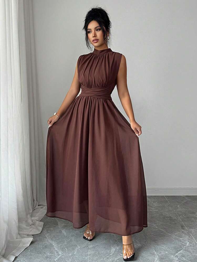 Elenzga Vestido maxi de gasa sin mangas elegante y casual con cintura anudada, adecuado para ir al trabajo, vacaciones, té de la tarde, fiestas, de unicolor, con estilo romántico francés siciliano, para Año Nuevo - Marrón - Añade 3