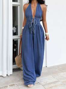 Sunnyshic Women's Fashion Backless Halter Denim Jumpsuit - Blue - View 5