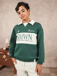SUMWON Boys Color Block Polo Collar Sweatshirt With Chest Print Logo Casual Long Sleeve Pullover Top Fall Winter Fashion Vacation - Dark Green - View 4
