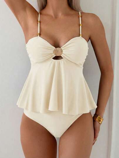 Swim Chiccia Women's 2 Pieces Elegant Vacation Shell & Metal Beaded Tankini Swimsuit Set, Beach Outfit,New Year