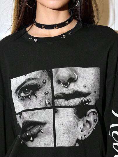 ROMWE Avant Y2K Streetwear Loose Fit Women T-Shirt With Retro Lip Slogan Graphic, Eyelets & Rivet Decor