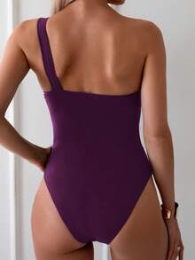 Swim Basics 女士纯色金属环不对称领连体泳衣 - 中紫紅色 - 查看 2
