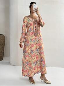 Yasmyna 女士几何刺绣花卉印花休闲日常派对阿拉伯传统长袖连衣裙 - 粉色 - 查看 3