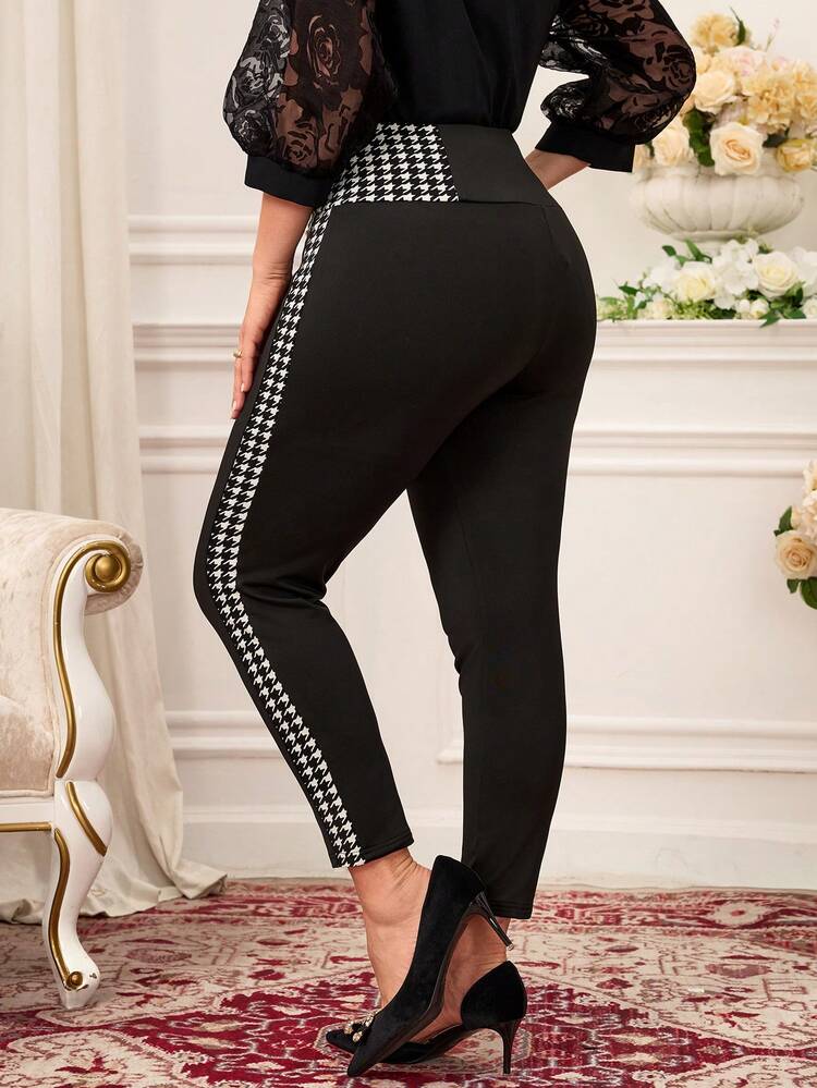 Plus Size Women Houndstooth Patchwork Waist Button Design Skinny Elegant Pants