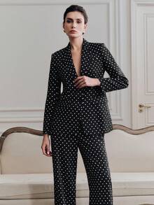 Anewsta Retro Polka Dot Long Sleeve Lapel Blazer + High Waist Drape Contrast Sash Women's Suit Pants, Women's Suit Set