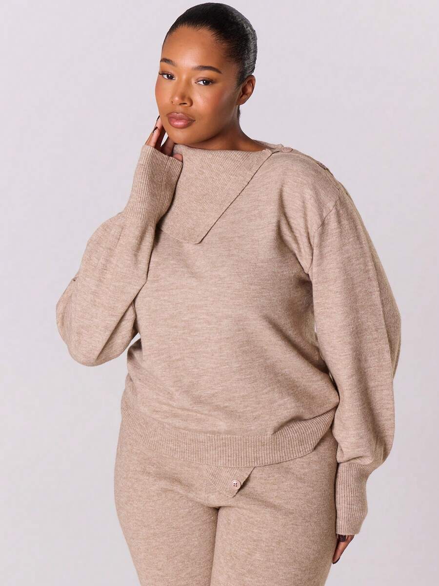 MUSERA Suéter de hombros caídos de talla grande de un solo color - Caqui - Ver 1