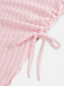 Girlism Teen Girls' Pink Drawstring Asymmetric Hem Bell Sleeve T-Shirt, Comfortable Autumn Tee - Pink - View 3