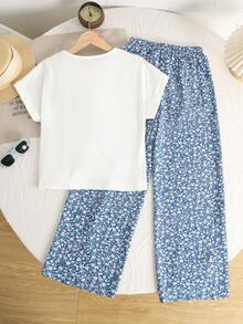 SHEIN 少女休闲简约舒适条纹圆领短袖T恤套装 - 彩色 - 查看 2