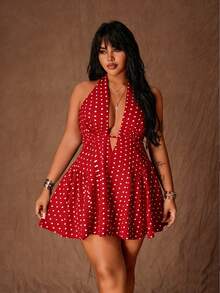 Rustia Gaun Mini A-Line Seksi Bermotif Polkadot Model Halter Tie untuk Wanita Ukuran Plus - Merah - View 1