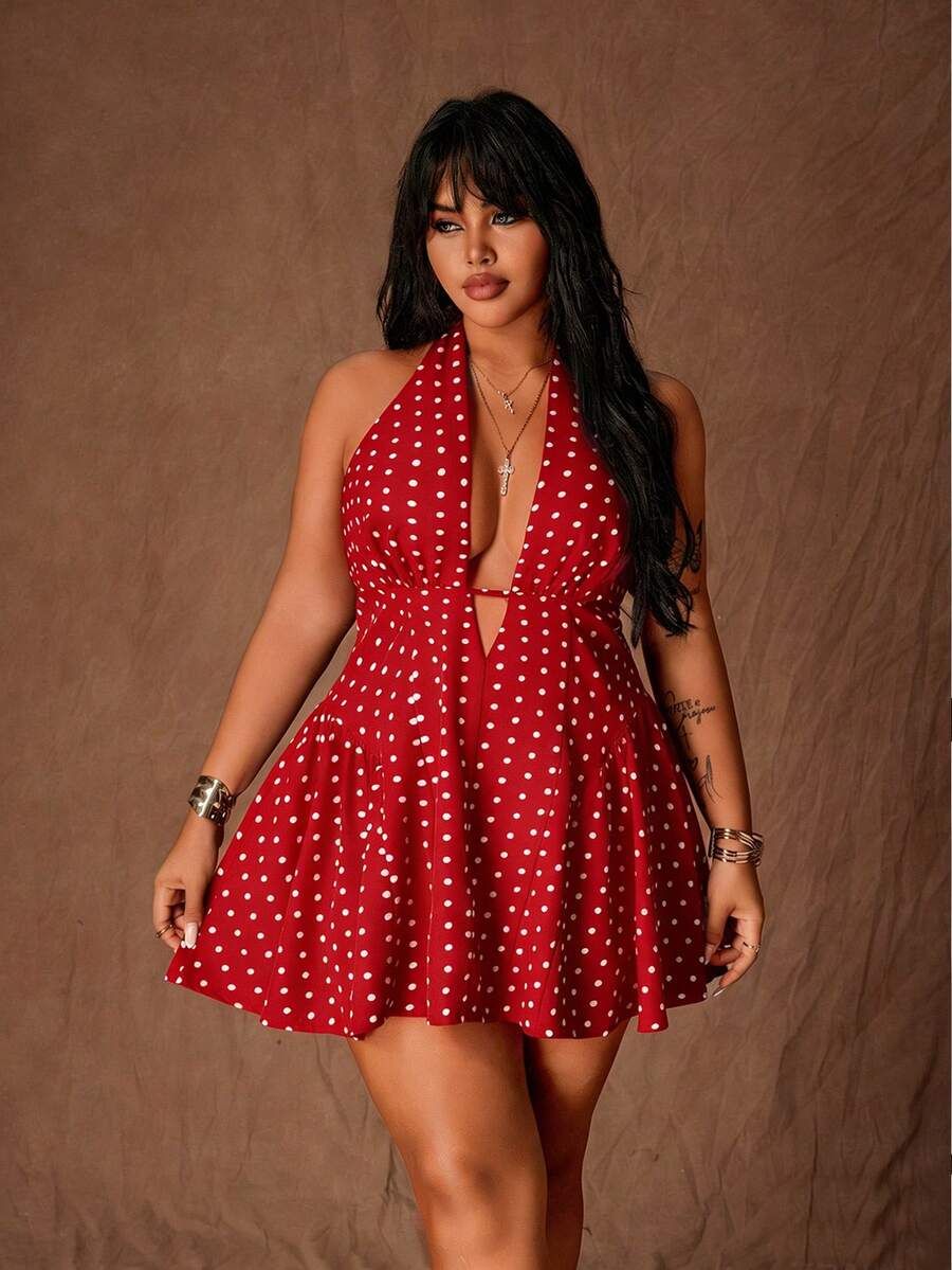 Rustia Gaun Mini A-Line Seksi Bermotif Polkadot Model Halter Tie untuk Wanita Ukuran Plus - Merah - View 1