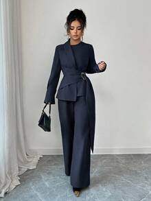 SHEIN Elenzya Women's Solid Color Long Sleeve Asymmetric Hem Shirt With Waist Buckle Design And Wide Leg Pants Elegant 2 Pieces Set - Navy Blue - View 4