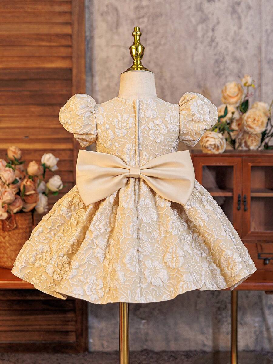Glamorique Kids 女婴卡其色提花面料连衣裙，泡泡袖，短袖，后背蝴蝶结装饰，A字裙摆，优雅碎花公主裙，适合生日派对、宴会、日常穿着、节日等场合，高端品质 - 卡其色 - 查看 1