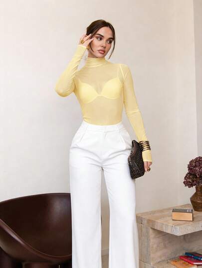 Bris Aura Blusa de cuello alto de punto de estilo otoñal de Estocolmo para mujer, elegante para otoño/invierno, blusa de manga larga con malla, blusa básica de estilo casual de negocios