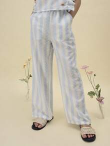 SUMWON Tween Striped Ruffle Sleeve Blouse And Wide Leg Pant Co-Ord Set Summer Casual Two Piece Outfit Festive Occasionwear - Baby Blue - View 4