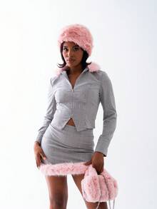 OverBlushhh Women's Grey Faux Fur Trim Mini Skirt High Waist Party Cute - Grey - View 3