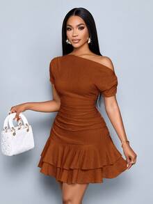 SOLERSUN Women's Elegant Party Daytime Apricot Knitted Asymmetrical Neck Neck Long Sleeves Gathered Double Ruffle Mini Dress - Rust Brown - View 8