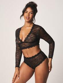 MISSGUIDED Conjunto de lencería íntima con sujetador de encaje y panty de talle alto de manga larga con acabado de puntilla - Negro - Ver 3