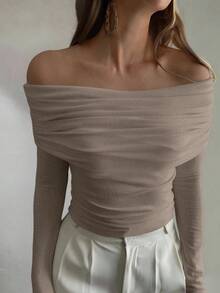 DAZY Camiseta ajustada de hombros descubiertos para mujer, nueva llegada de otoño/invierno - Café integral - Ver 3