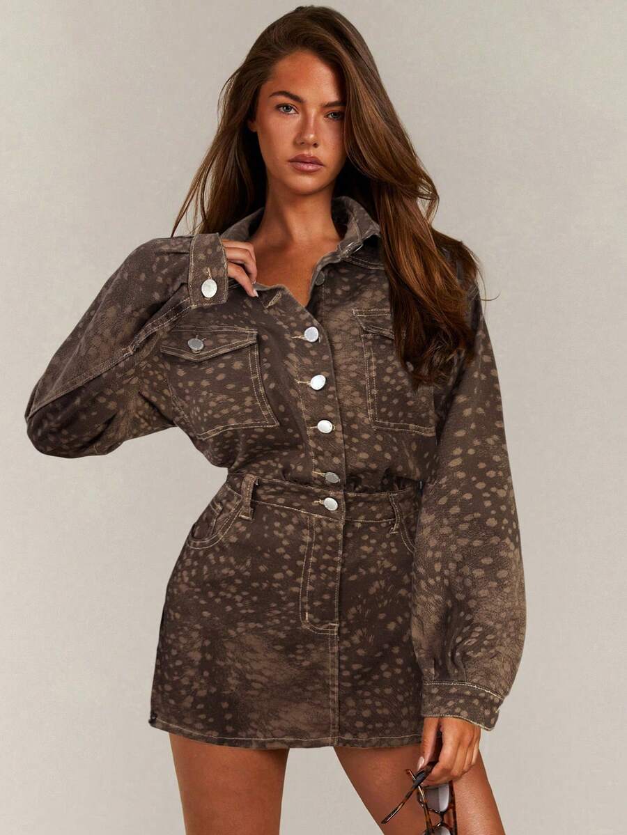 Athîral Women's Fashionable Denim Dress With Deer Print And Button Details, Short Denim Dress, Button-Front Design, Brown Denim Dress, Maillard Outfits.Waist Design,Casual Outfit For Women,Casual Denim Dresses,Spring Break Outfits,Deer Pattern Dress - Multicolor - View 1