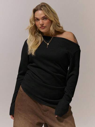 MUSERA 长袖露肩纹理大码上衣，舒适保暖，适合秋季、冬季穿着，可爱百搭，日常百搭