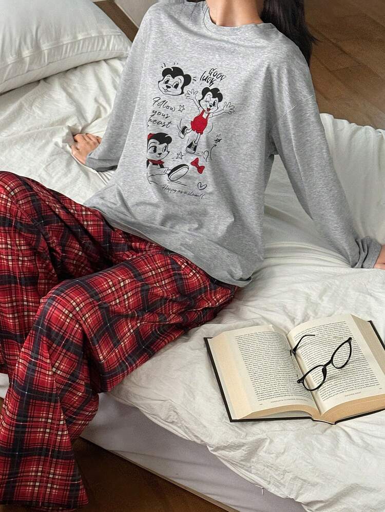 Cartoon Print Top & Plaid Pajama Pants 2-Piece Sleepwear Set For Women