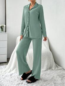 EURMUSE 2pcs/Set Contrast Color Stitching Ribbed Cardigan Pajama Set - Mint Green - View 4