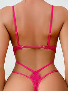 经典性感蕾丝镂空线性装饰女士性感连体衣 - 玫紅色 - 查看 2