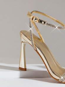 SHUZIA Giày sandal cao gót mũi nhọn quai ngang mắt cá chân bằng vải lấp lấp lánh thanh lịch dành cho nữ. - Vàng - Xem 7