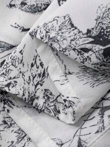 FRIFUL 女士圆领双层装饰花卉蕾丝花边撞色拼接前开襟纽扣甜美衬衫，适合夏季度假穿着，长袖 - 灰色 - 查看 3