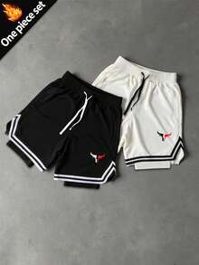 Sport MetroGents 男士公牛印花抽绳腰双层运动短裤 - 黑色 - 查看 1