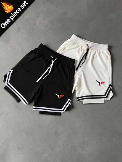 Sport MetroGents Men's Bull Print Drawstring Waist Double Layer Sports Shorts Gym Shorts Sports Shorts Set Shorts Set Sweat Shorts Men Shorts Set