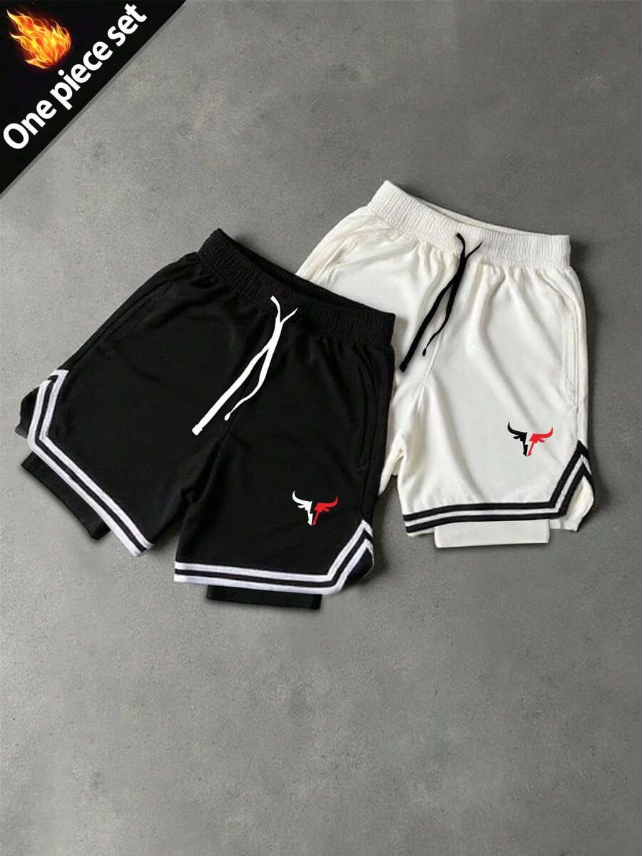 Sport MetroGents 男士公牛印花抽绳腰双层运动短裤 - 黑色 - 查看 1