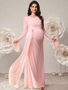 SHEIN 孕妇纯色V领喇叭袖褶皱优雅连衣裙