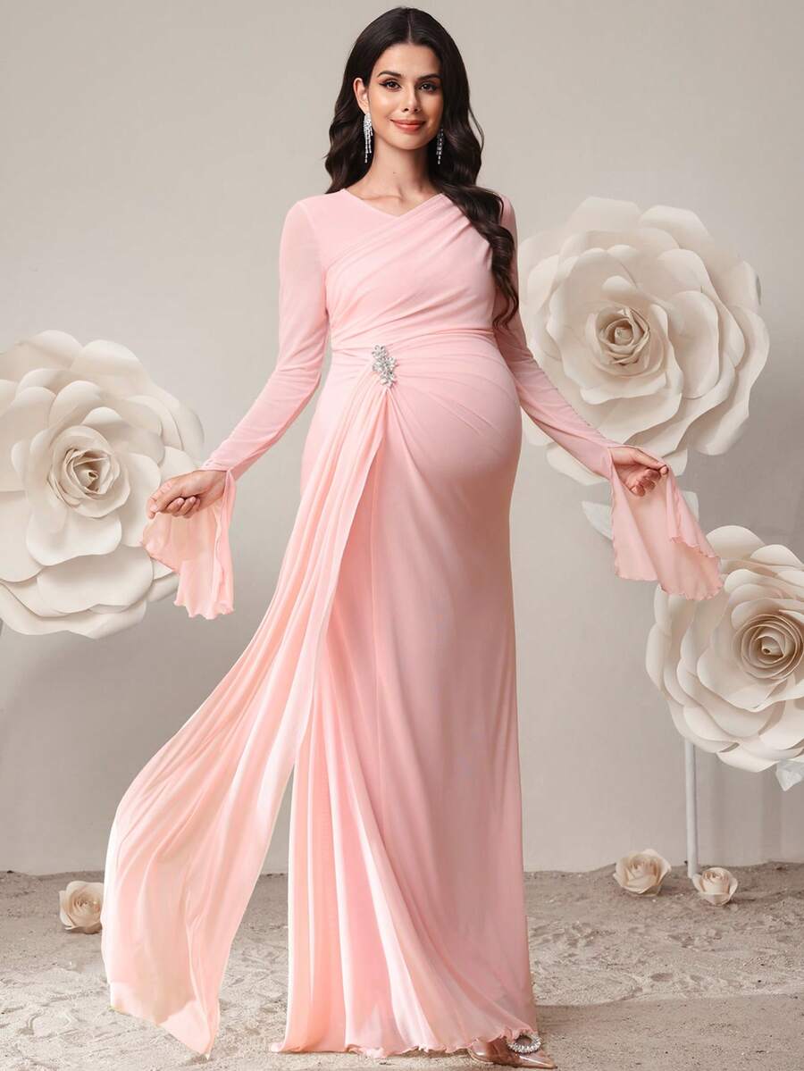 SHEIN 孕妇纯色V领喇叭袖褶皱优雅连衣裙