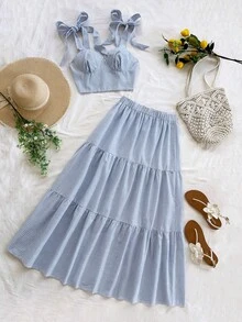 Soleia Women's Sleeveless Crop Top & High Waist Loose Skirt 2-Piece Set, Suitable For Dates, Garden Parties, Tea Parties, Flower Arranging, Bohemian, Boho, Vacation, Vintage, Holiday, Spring/Summer - Blue and White - View 3