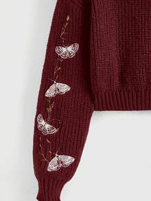 ROMWE Goth 大码女式飞蛾蝴蝶藤蔓刺绣套头毛衣 - 紅色 - 查看 4