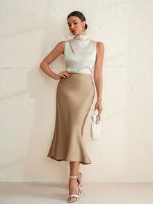 Aveloria Modichic 褶裥缎面半身裙，女士优雅褶皱设计，拉链长款常规版型，自然米色纯色女裙，春夏款，职业/商务/工作服 - 杏色 - 查看 4